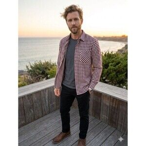 johnnie-O "Hangin' Out" Men's Large Flannel Button-Down Shirt - Maroon Gingham